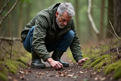 Naturaliste observant des déjections de blaireau en forêt