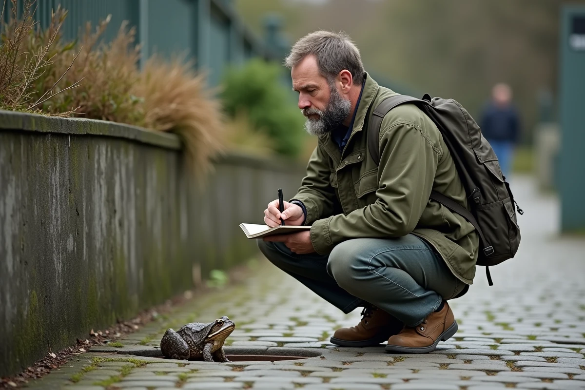 Naturaliste observant un crapaud près d'un caniveau en ville, témoignant du retour des amphibiens dans les espaces urbains