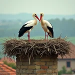 Deux cigognes blanches sur leur grand nid de branches perché sur une cheminée en pierre dans un village rural européen