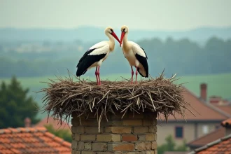 Deux cigognes blanches sur leur grand nid de branches perché sur une cheminée en pierre dans un village rural européen