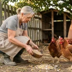 Femme nourrissant ses poules pondeuses avec des grains et des compléments minéraux dans un poulailler rustique en plein air