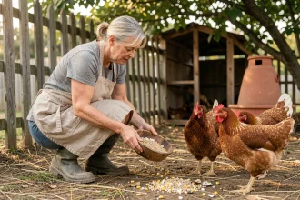 Femme nourrissant ses poules pondeuses avec des grains et des compléments minéraux dans un poulailler rustique en plein air
