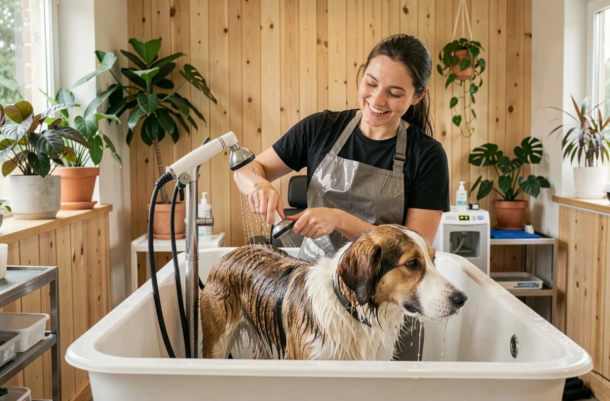 Toiletteuse d'Ô Poil d'Amour en Gironde donnant un bain à un grand chien de race mixte
