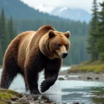 Ours grizzly puissant sur la rive en forêt