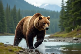 Ours grizzly puissant sur la rive en forêt