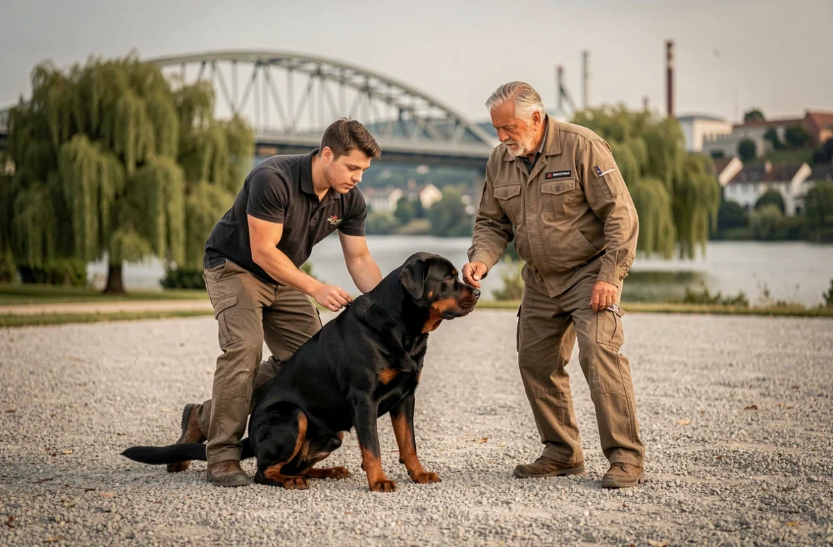 Owen et Laurent, duo d'éducateurs canins, travaillant en tandem sur un exercice de soumission avec un Rottweiler près de Thionville