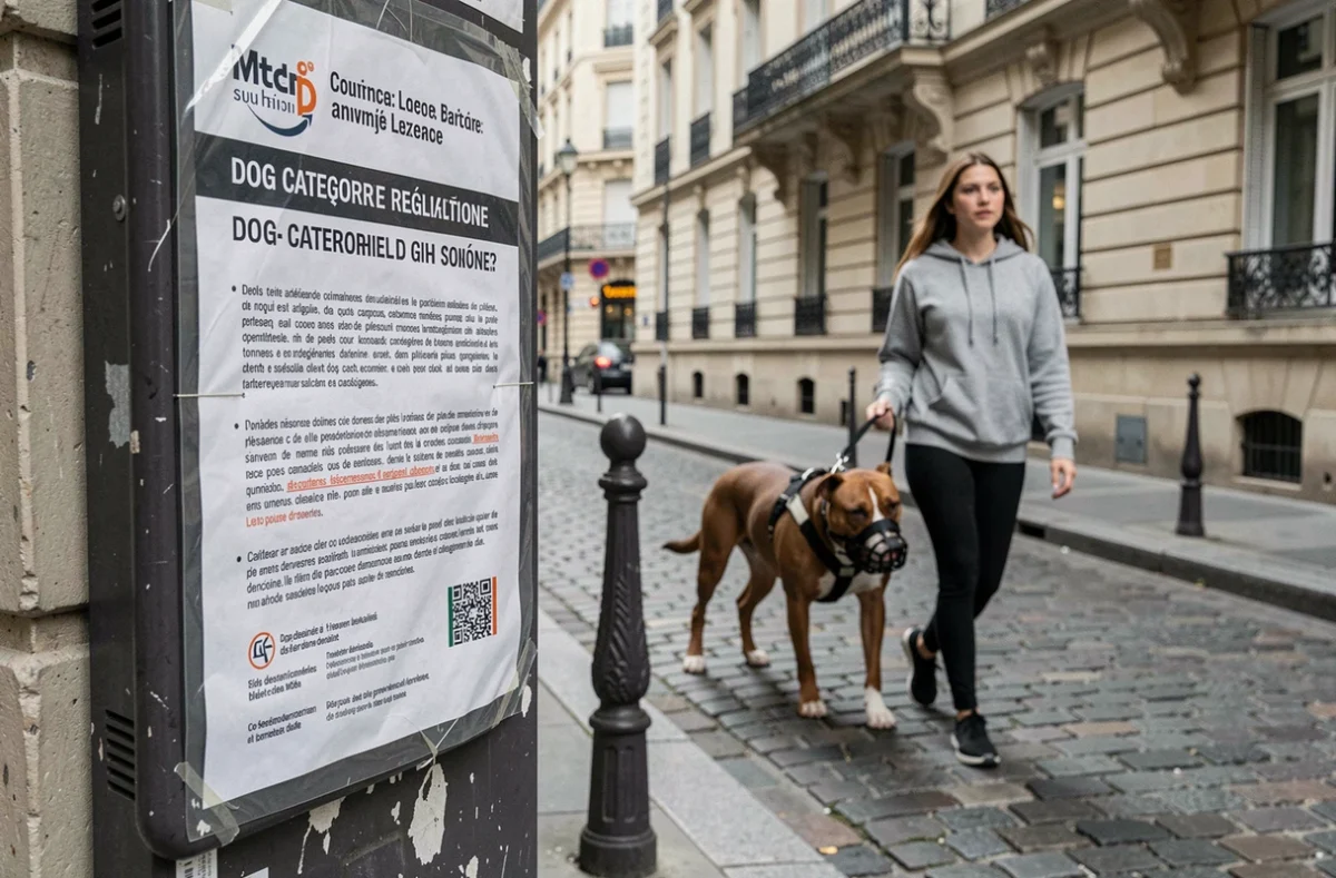 Panneau municipal d'information sur la réglementation des chiens dangereux en France avec un chien de type Pit Bull muselé en arrière-plan dans une rue parisienne