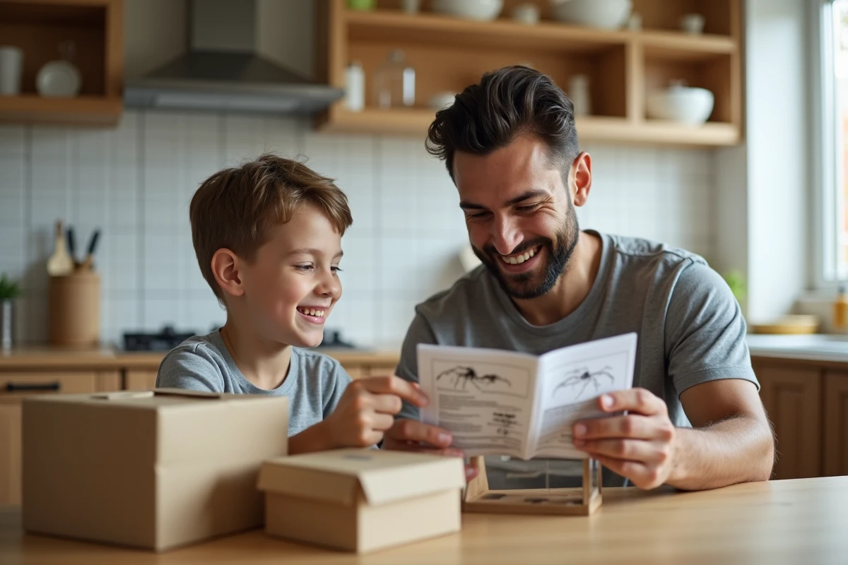 Père et fils regardant un kit d