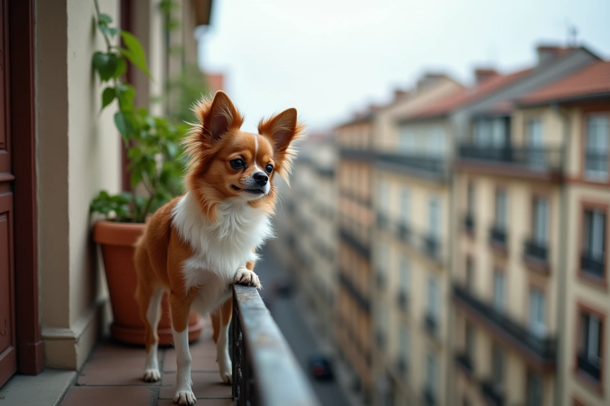 Chien Papillon Chihuahua debout sur un balcon urbain avec vue sur des toits européens, illustration de la vie en appartement en ville