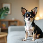 Petit chien Papillon Chihuahua assis sur un canapé en lin gris dans un appartement moderne, oreilles papillon dressées et regard attentif