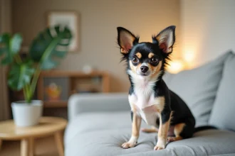 Petit chien Papillon Chihuahua assis sur un canapé en lin gris dans un appartement moderne, oreilles papillon dressées et regard attentif