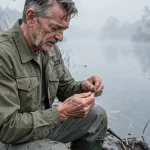 Pêcheur expérimenté montant un bas de ligne acier pour la pêche au brochet au bord d'une rivière brumeuse