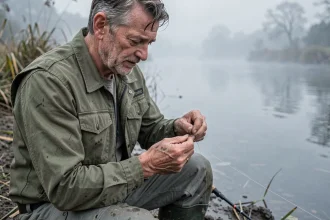 Pêcheur expérimenté montant un bas de ligne acier pour la pêche au brochet au bord d'une rivière brumeuse