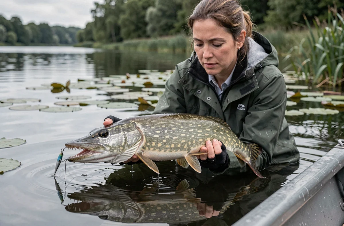 Pêcheuse tenant un brochet dont les dents sont visibles avec un bas de ligne acier encore fixé au leurre