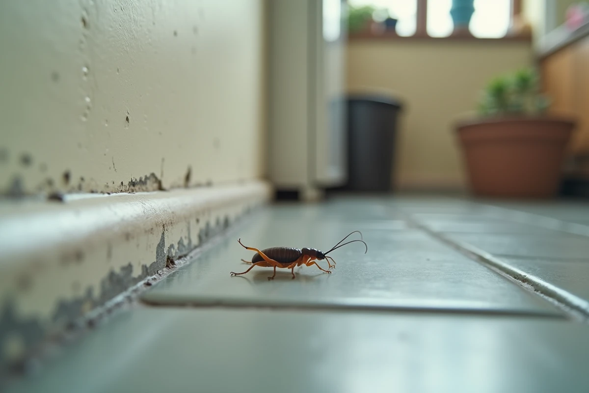 Perce-oreille rampant le long d'une plinthe en bois à l'intérieur d'une maison, illustrant la présence de cet insecte dans les espaces domestiques