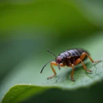 Gros plan macro d'un perce-oreille sur une feuille verte dans un jardin, montrant ses pinces caractéristiques et la texture de son corps brun