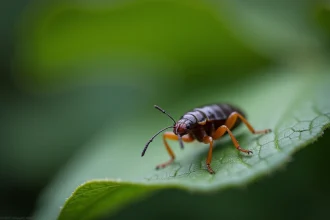 Gros plan macro d'un perce-oreille sur une feuille verte dans un jardin, montrant ses pinces caractéristiques et la texture de son corps brun