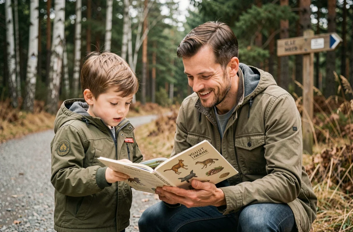 Père et enfant consultant un guide nature sur les traces d'animaux sauvages en forêt
