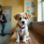 Petit chien beige et blanc assis dans un refuge animalier près de Langon, disponible à l'adoption gratuite