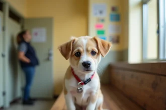 Petit chien beige et blanc assis dans un refuge animalier près de Langon, disponible à l'adoption gratuite