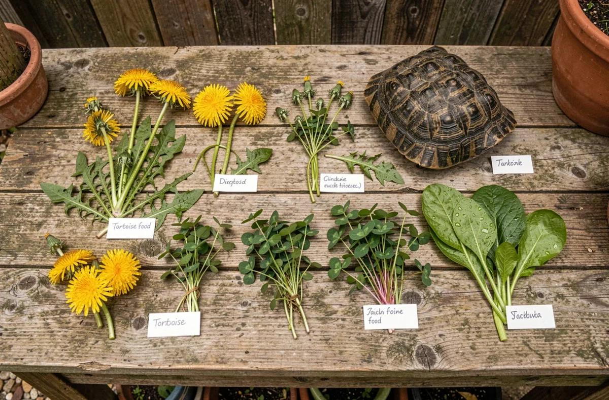 Présentation de plantes de pelouse comestibles pour tortue disposées sur une table de jardin en bois rustique