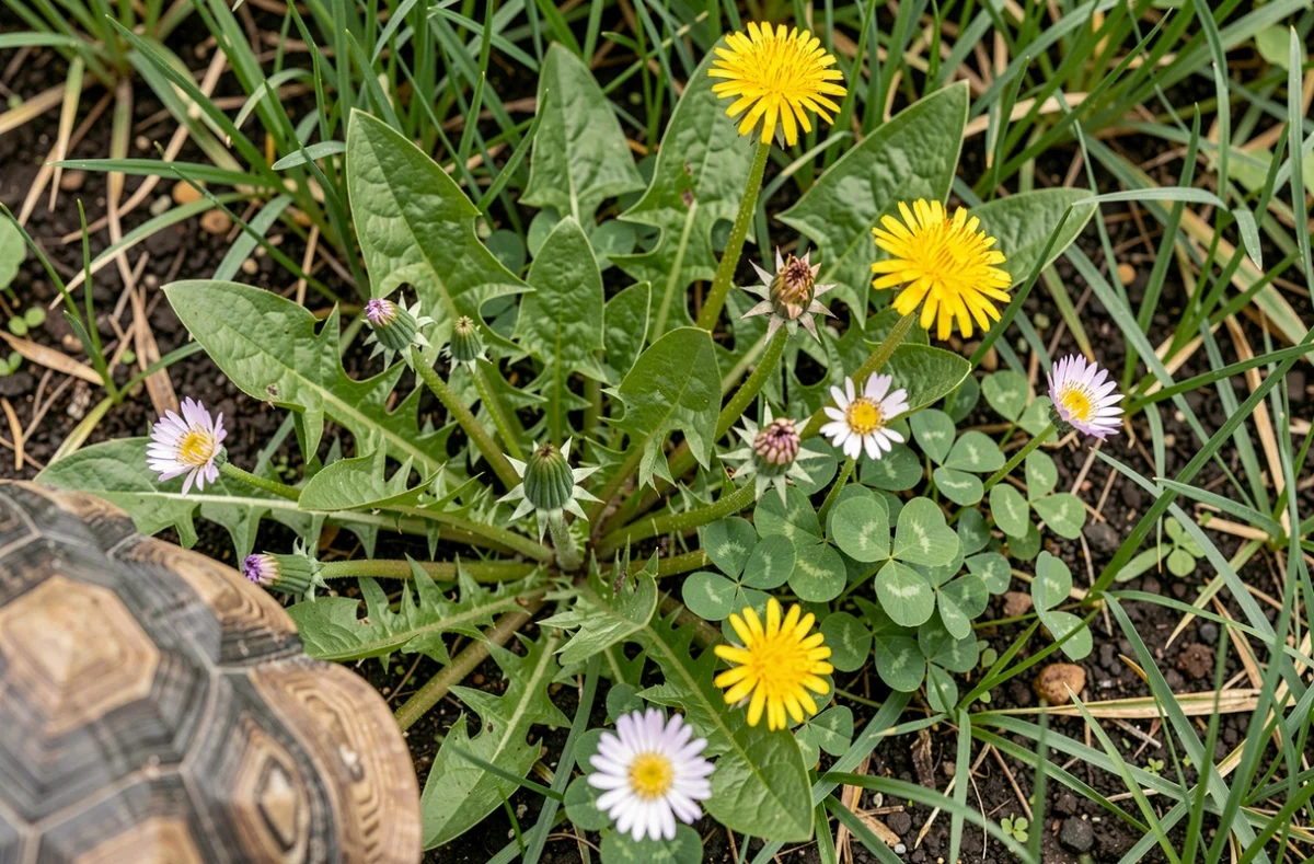 Gros plan sur un mélange de plantes sauvages comestibles pour tortue dans une pelouse naturelle