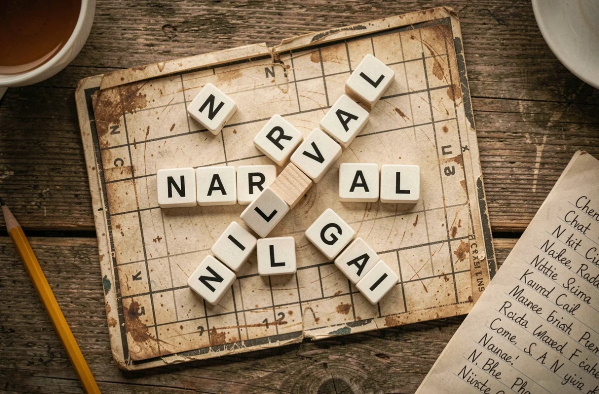 Vue aérienne d'un plateau de jeu de mots avec des tuiles formant des noms d'animaux commençant par N