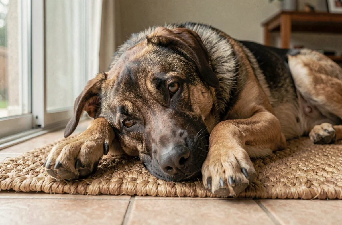 Portrait rapproché d'un croisé Malinois Berger allemand au repos à l'intérieur d'une maison familiale