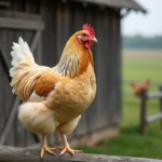 Poule Brahma buff et blanche perchée sur une clôture en bois dans une ferme rustique, plumage détaillé et pattes emplumées visibles