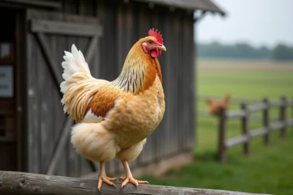Poule Brahma buff et blanche perchée sur une clôture en bois dans une ferme rustique, plumage détaillé et pattes emplumées visibles