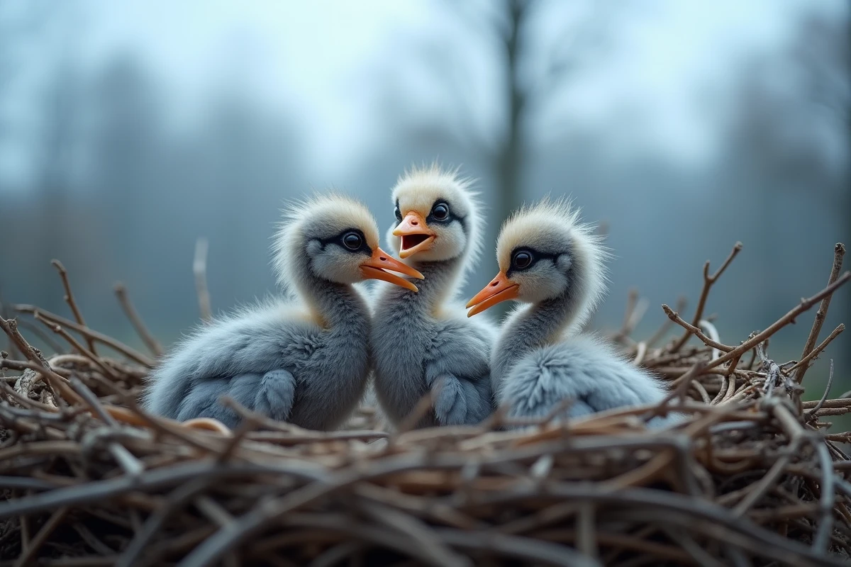 Trois poussins de cigognes au duvet gris blottis dans leur nid de brindilles, photographiés en gros plan depuis une caméra de surveillance