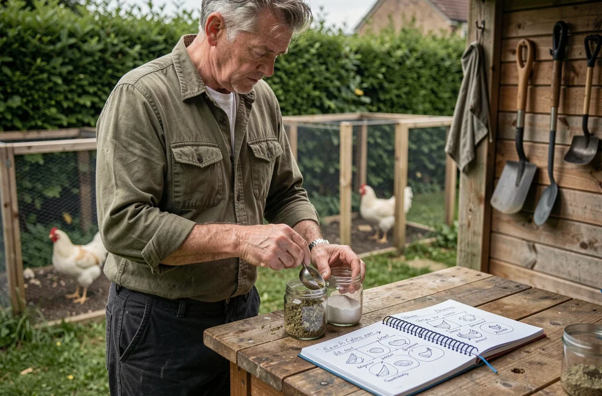 Homme préparant des compléments alimentaires naturels pour optimiser la ponte et la santé de ses poules dans son jardin