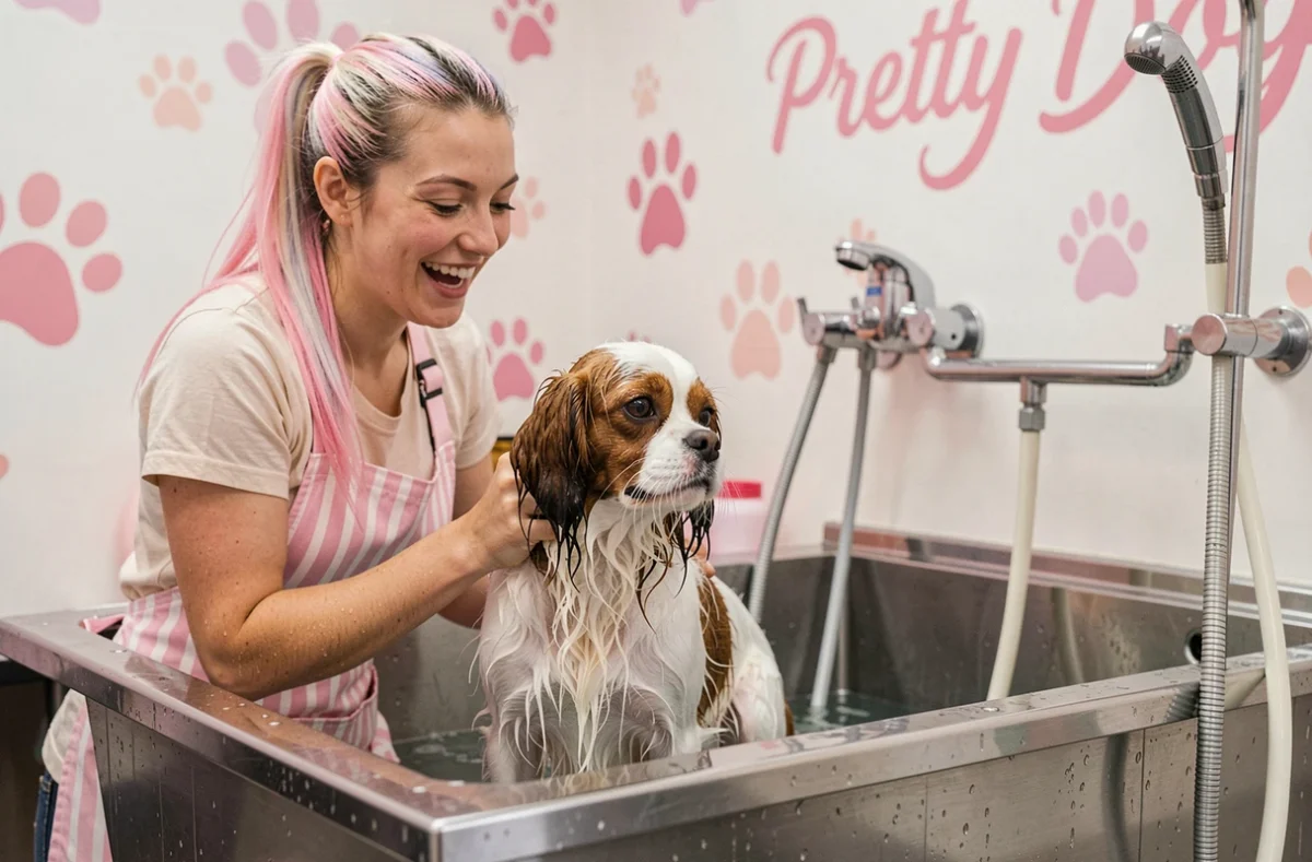Toiletteuse joyeuse au tablier rayé rose et blanc donnant un bain à un Cavalier King Charles dans le salon Pretty Dog