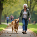 Femme âgée souriante avec son chien dans un parc
