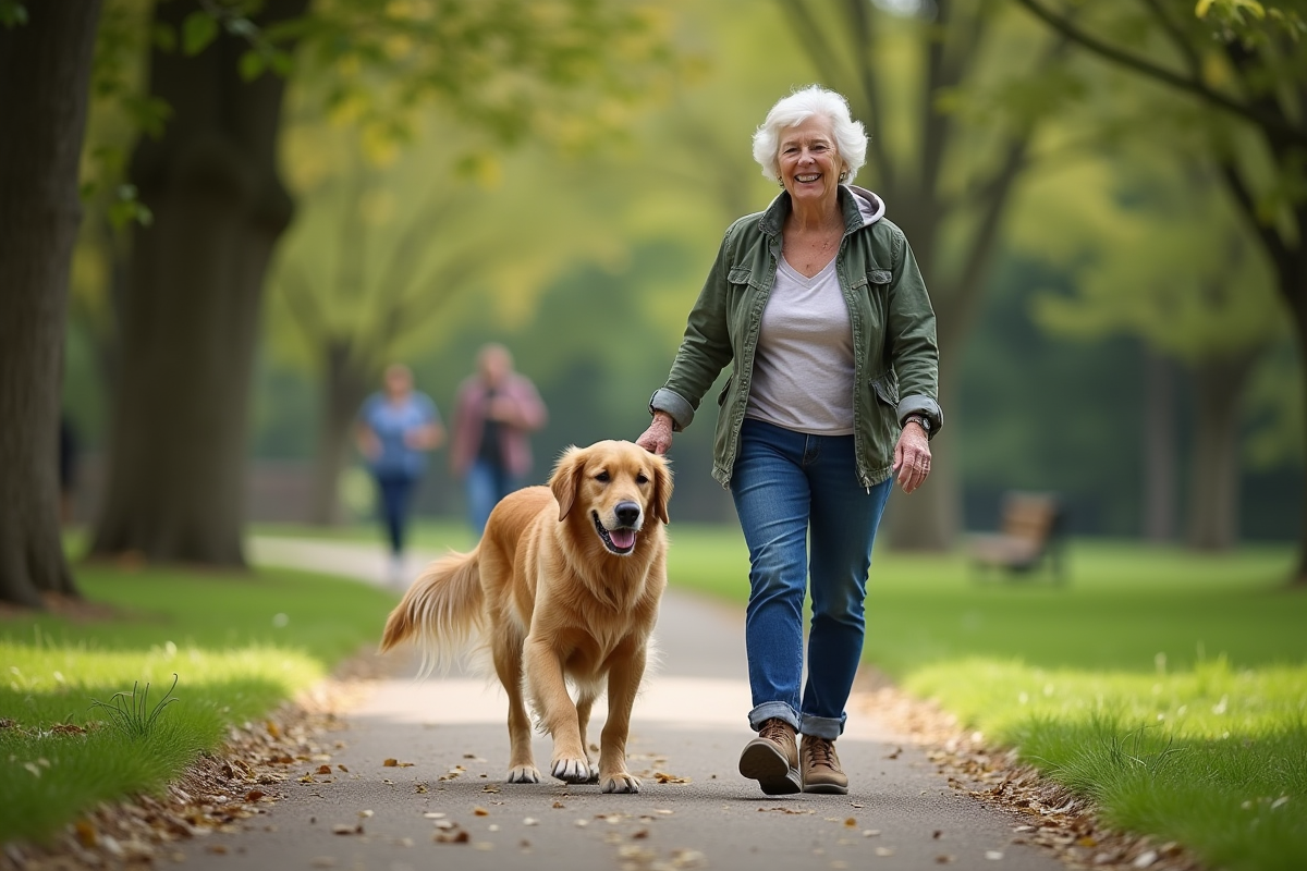 Femme âgée souriante avec son chien dans un parc