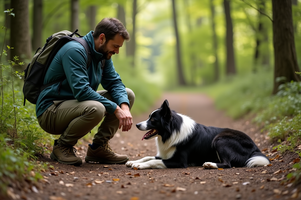 Homme en randonnée avec son chien fatigué en forêt