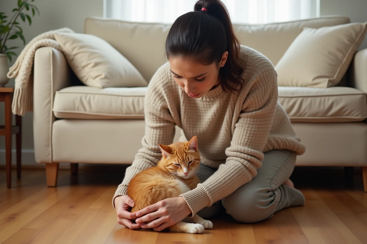 Femme inquiète tenant son chat roux malade dans ses bras dans le salon, examinant l'animal avec attention