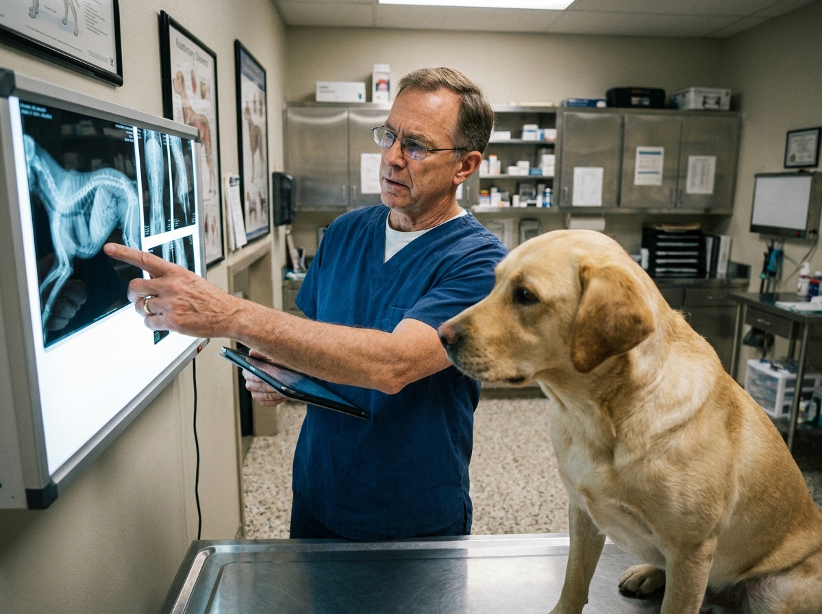 Vétérinaire analysant une radiographie de chien dans une salle d'examen clinique moderne