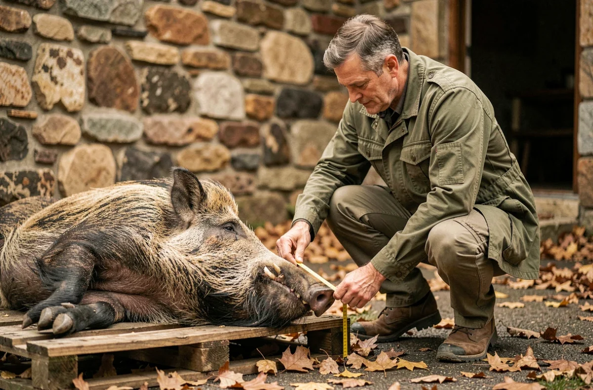 Biologiste mesurant un sanglier de taille exceptionnelle dans une cour de chasse rurale, attestant du record de poids d'un spécimen sauvage