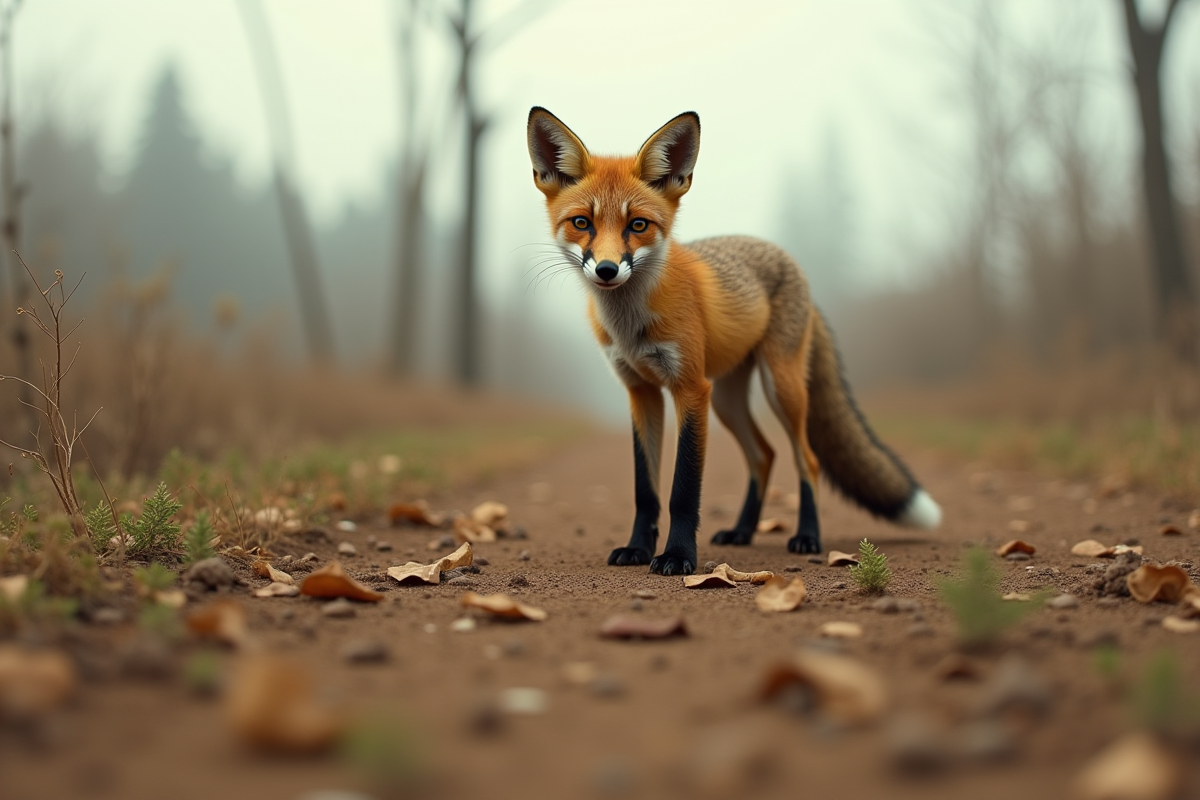 Renard fin sur sol sec avec arbres mourants en arrière-plan