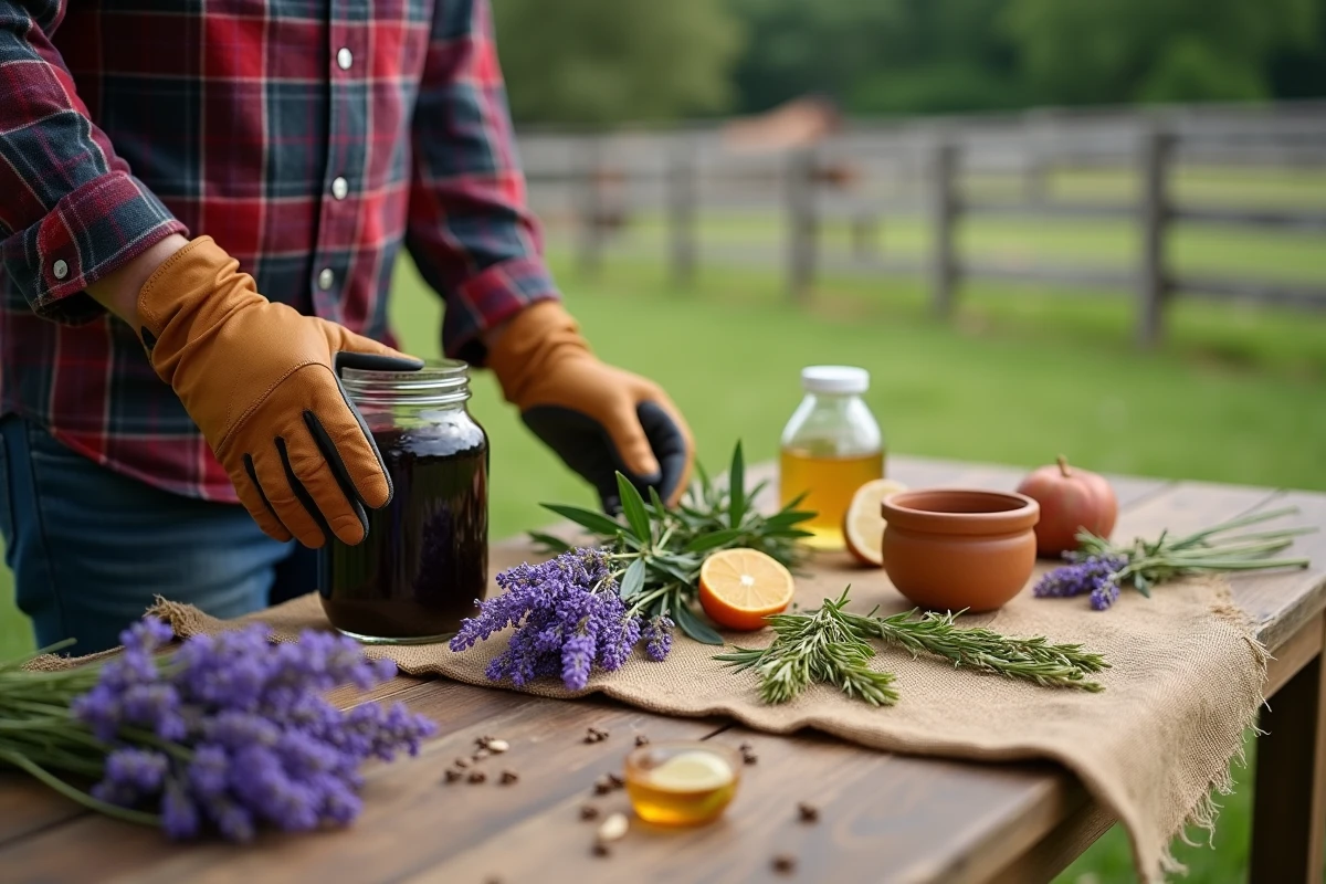 Préparation d'un répulsif naturel anti-mouches pour chevaux avec lavande et vinaigre de cidre