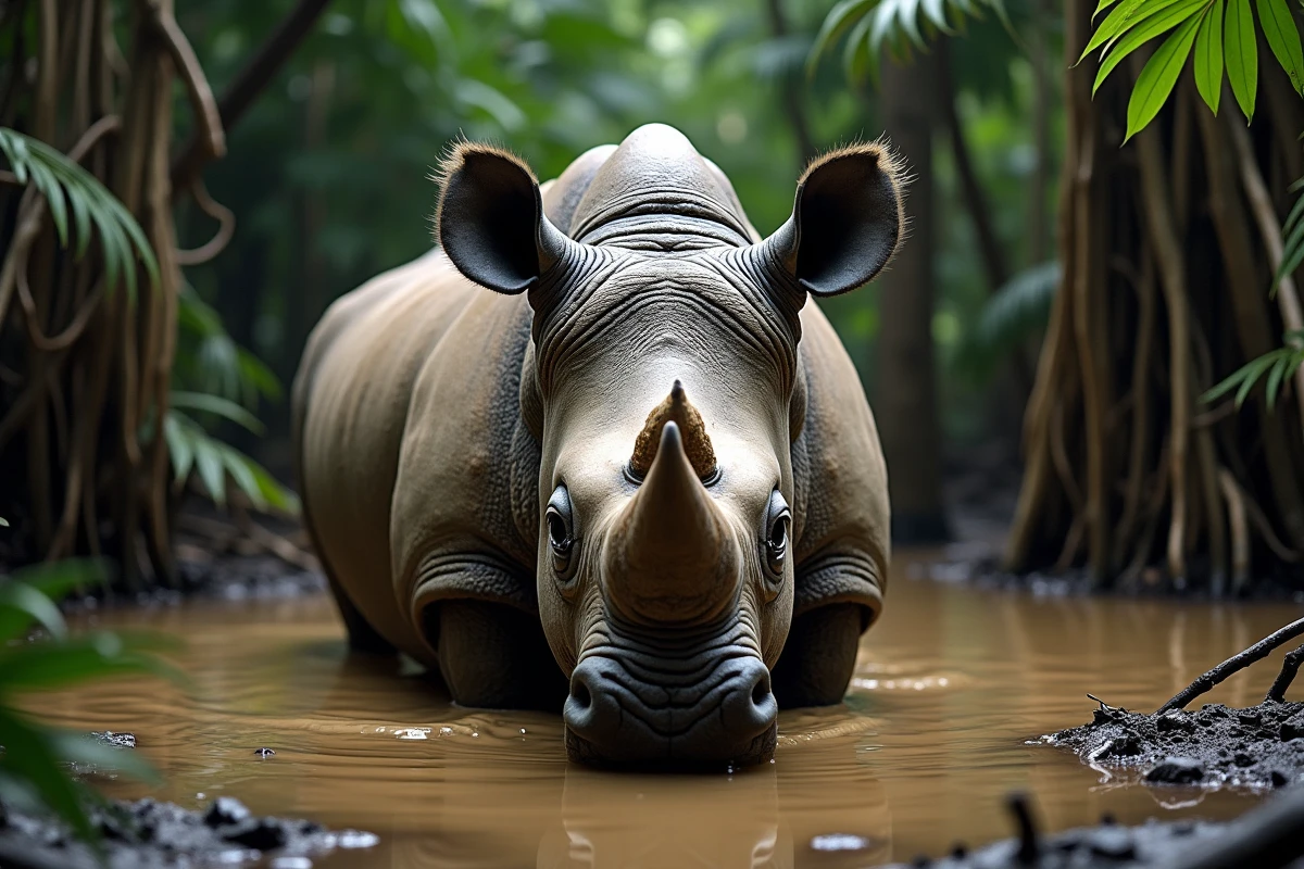 Rhinocéros de Java, espèce en voie d'extinction critique, se reposant dans un point d'eau boueux en forêt tropicale