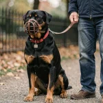 Rottweiler muselé tenu en laisse par son propriétaire dans un parc public, illustrant la réglementation française sur les chiens dangereux