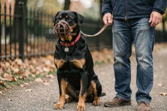 Rottweiler muselé tenu en laisse par son propriétaire dans un parc public, illustrant la réglementation française sur les chiens dangereux