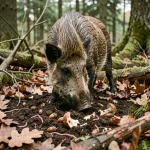 Sanglier fouillant le sol forestier à la recherche de glands, champignons et vers de terre dans une forêt de chênes européenne