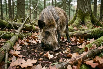 Sanglier fouillant le sol forestier à la recherche de glands, champignons et vers de terre dans une forêt de chênes européenne