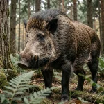 Énorme sanglier sauvage dans une forêt européenne dense, illustrant les plus gros spécimens connus de l'espèce Sus scrofa
