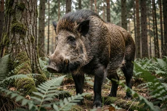 Énorme sanglier sauvage dans une forêt européenne dense, illustrant les plus gros spécimens connus de l'espèce Sus scrofa