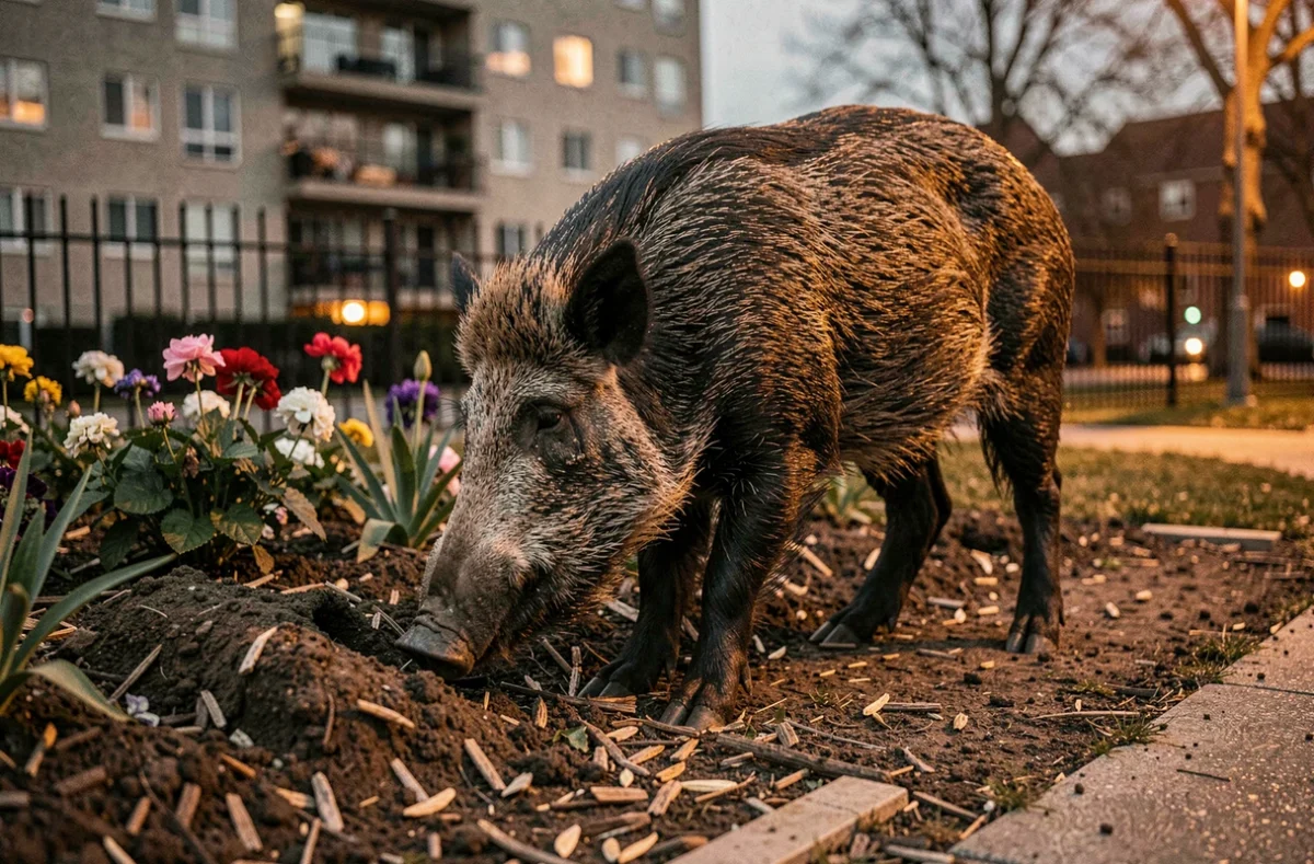 Sanglier adulte fouillant un parterre de fleurs dans un parc suburban en bordure de ville