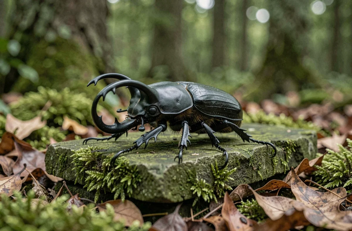 Scarabée cerf-volant noir avec grandes mandibules posé sur une pierre moussue en forêt, vue au sol
